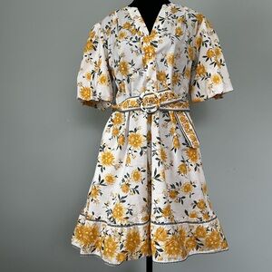 Joie Floral Belted Cotton Dress Size 8 Yellow White Summer Cottagecore